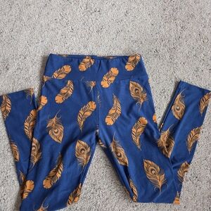 LuLaRoe Blue and Orange Feather Leggings